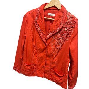 Coldwater Creek Y2K Orange Linen Embroidered Ruffled Blazer